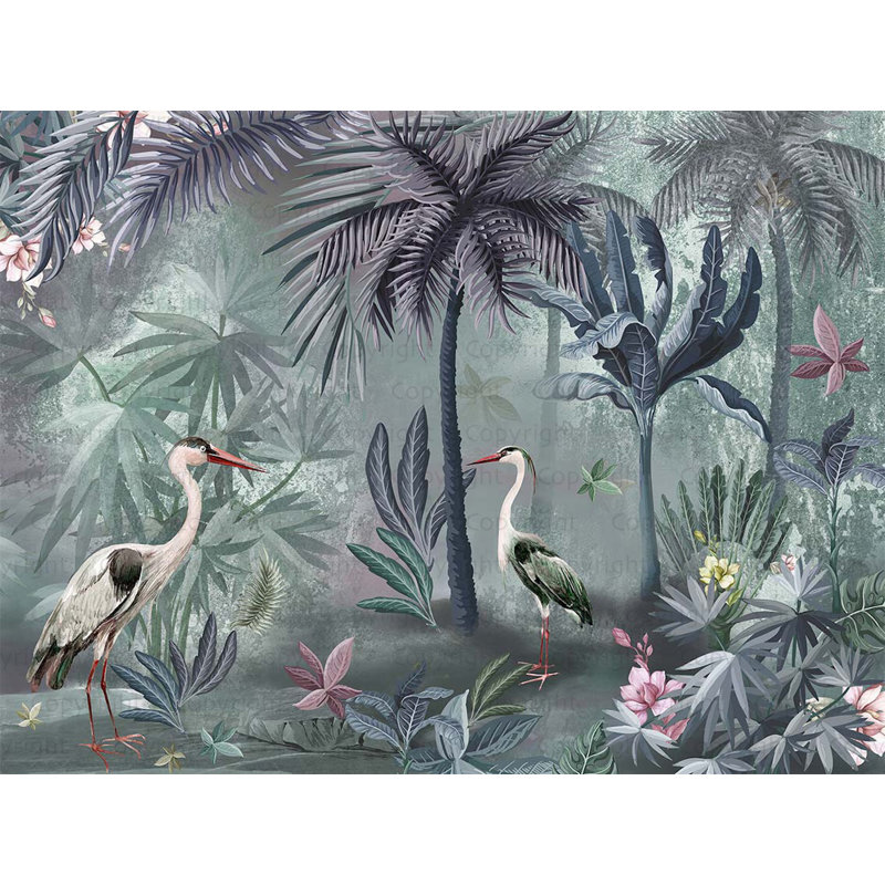 Papier peint Serene Tropical Oasis Herons And Palm Trees, L 110,04 po x l 122 po, Vert