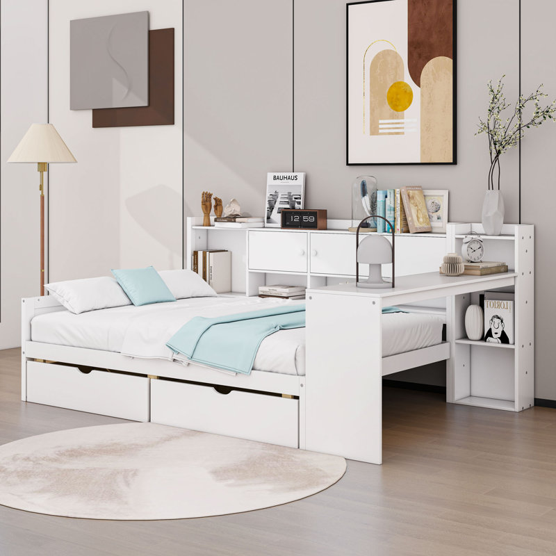 2 Drawers Wood Daybed with Built-in-Desk and Bookcase, Full, White