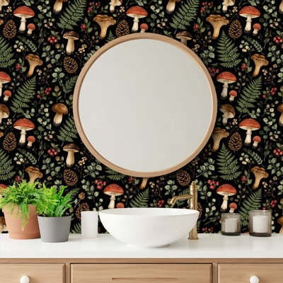 Papier peint à peler et coller en papier contact champignon noir bohème champignon fougères pommes de pin rouges baies auto-adhésives et amovibles 24 po x 118 po (60 x 300 cm)