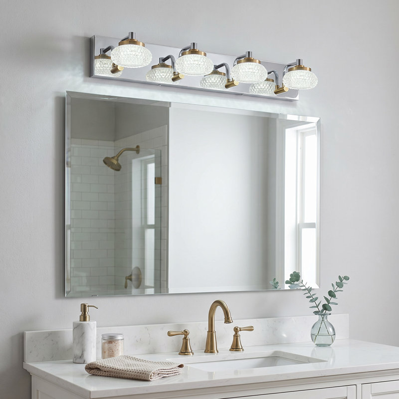 Applique murale pour salle de bain 29,1 po en chrome et laiton avec abat-jour en verre transparent, intensité variable, applique murale industrielle pour miroir