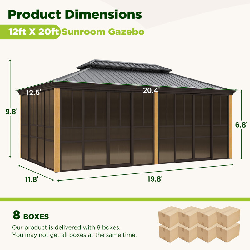 Gazebo de solarium 12 x 20 pi (3,66 x 6,10 m) en bois imitation tous temps – Entièrement fermé, toit double en acier galvanisé, portes coulissantes et moustiquaires, structure en aluminium antirouille – Idéal pour patio, cour arrière, terrasse et spa