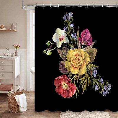 Bouquet Flowers Gift Watercolor Flower Vintage Painting Floral Black Shower Curtain with 12 Hooks