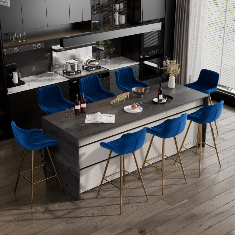 Set of Bar Stools, Velvet Fabric Counter Stool, Blue, 8, Bar Stool (29.92" Seat Height)