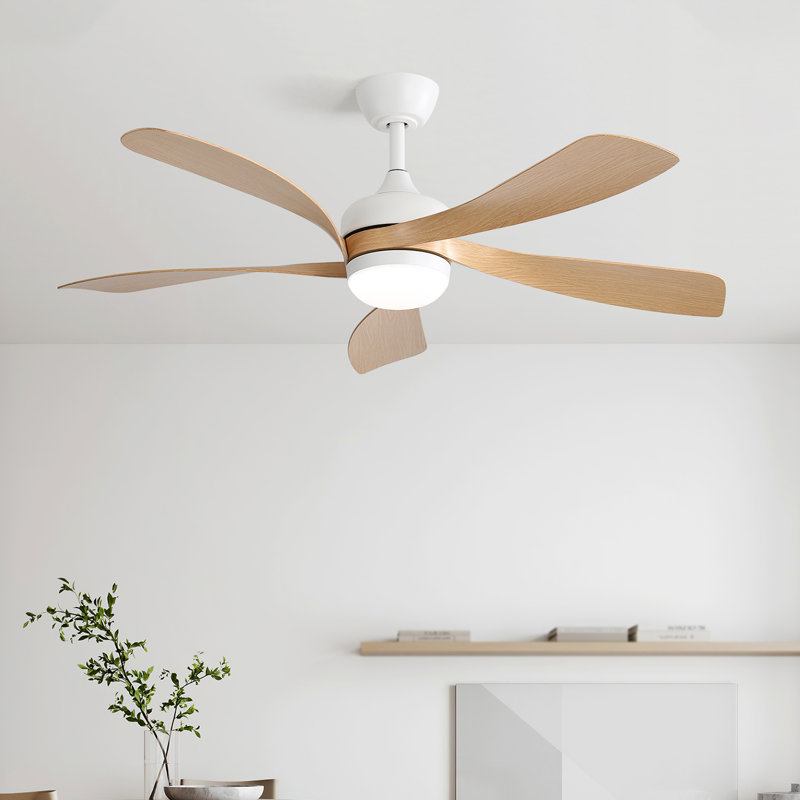 Whisper 52" 5 ABS Blade Propeller Classic Ceiling Fan with LED Lights and Remote Control, White with Burlywood Blades