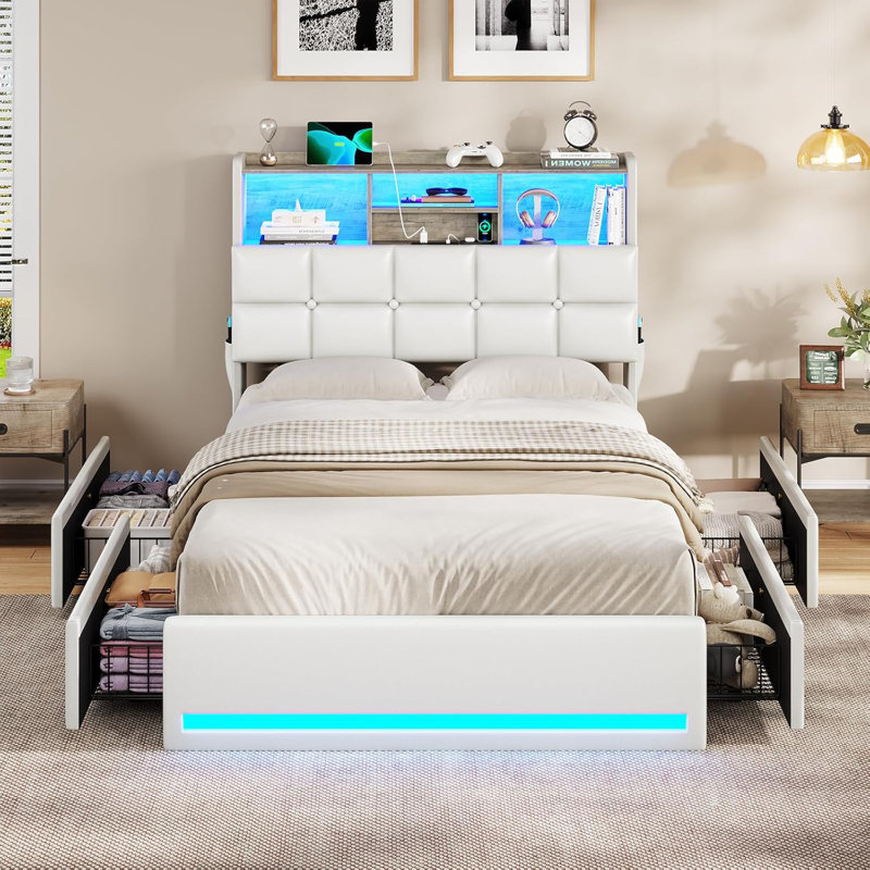 LED Upholstered Platform Storage Bed with Charging Station, White, Full