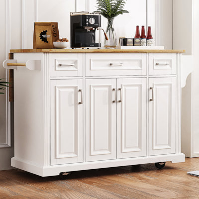 Grand îlot de cuisine de 54 pouces avec abattant en bois d'hévéa, chariot de rangement roulant avec 4 portes, 3 tiroirs et roues verrouillables