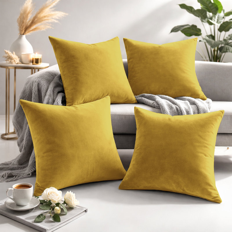 Square Scatter Velvet Cushion Cover ( Set of 4 ), Ochre