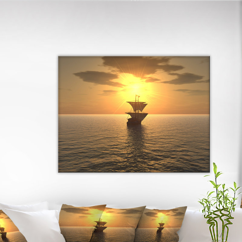 Photographie "navire et coucher de soleil" Seascape, H 30 po x l 40 po x P 1,5 po, Toile tendue