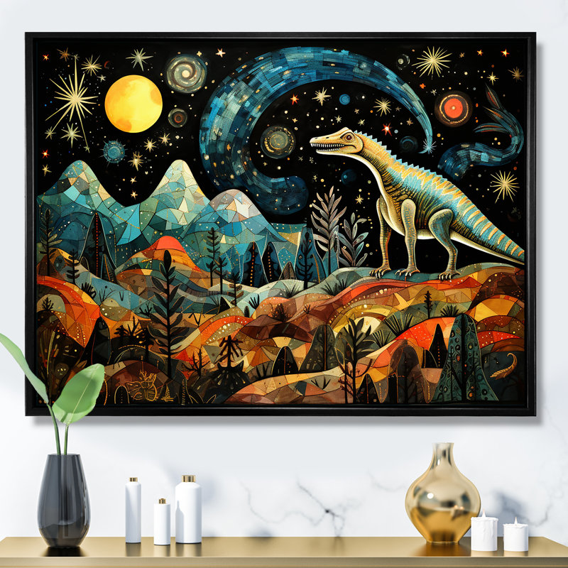 Ancient Dinosaur Legends I - Dinosaurwall Art, 30" H x 40" W x 1.5" D, Black Floater Frame