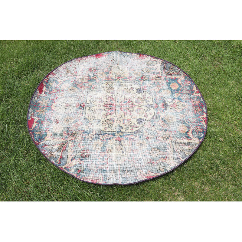 Tapis rond rétro vintage en oushak turc pour tapis d'entrée ou de porte - design authentique Anatolian