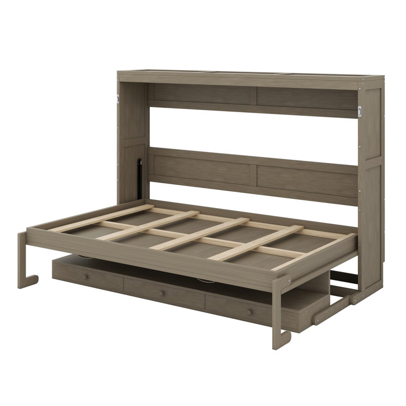 Lit escamotable avec rangement, armoire-lit pliable avec coiffeuse, miroir central et 2 tiroirs latéraux, Gris