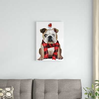 Impression sur toile tendue Fab Funky «English Bulldog Scarf and Robin»