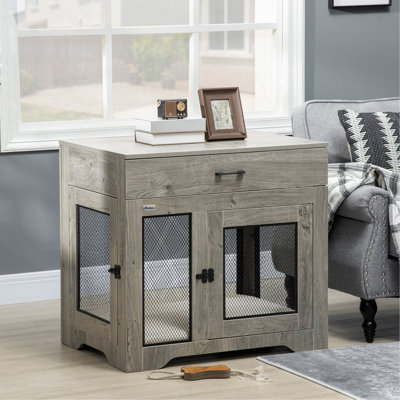 Mobilier de cage pour chien Pawhut avec coussin moelleux résistant à l'eau, table de bout pour caisse de chien avec tiroir, cage pour chiots pour petits chiens à l'intérieur avec 2 portes, gris