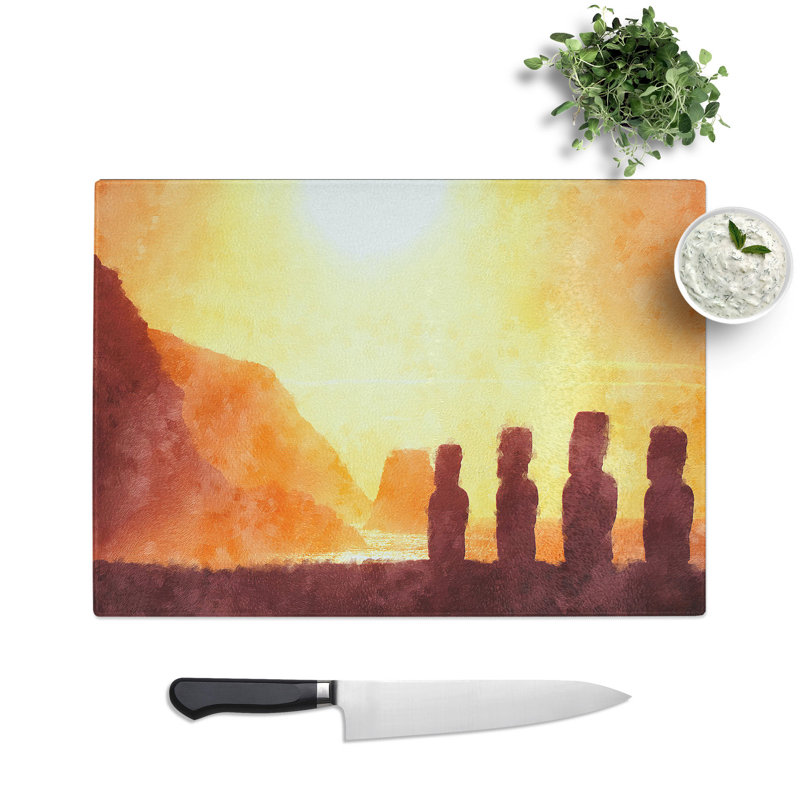 Moai in Easter Island Polynesia Painting Chopping Board, 0.4cm H x 28.5cm W x 39cm L