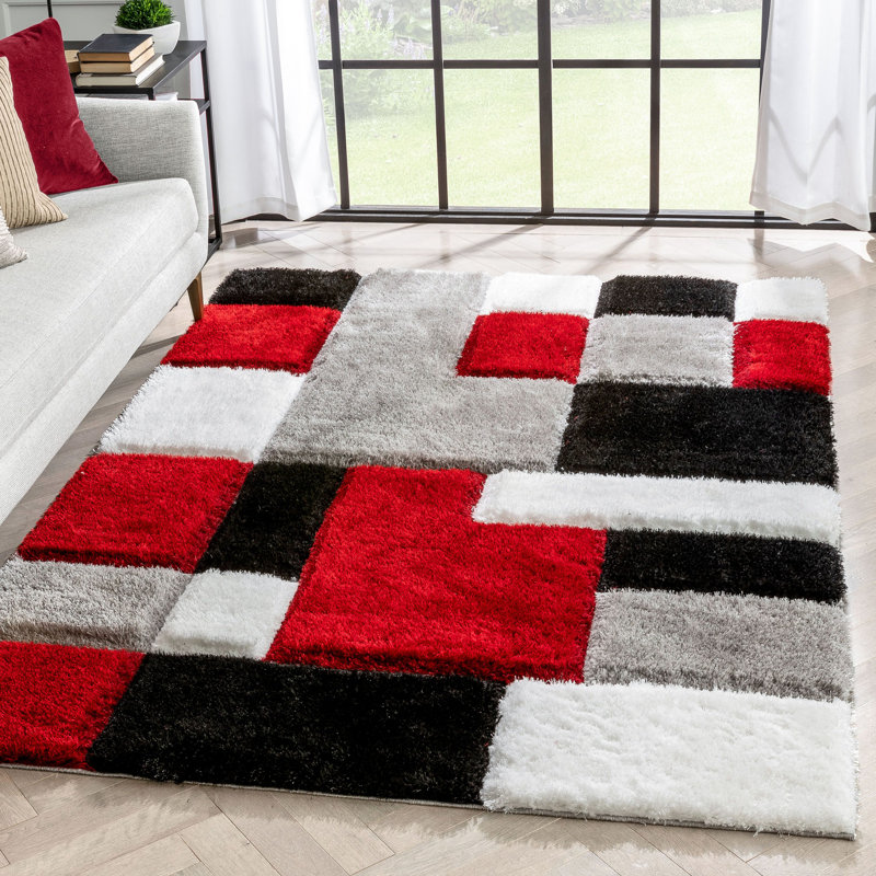 Tapis rouge / noir à poil long Cobina, Rectangle 7 pi 10 po x 9 pi 10 po