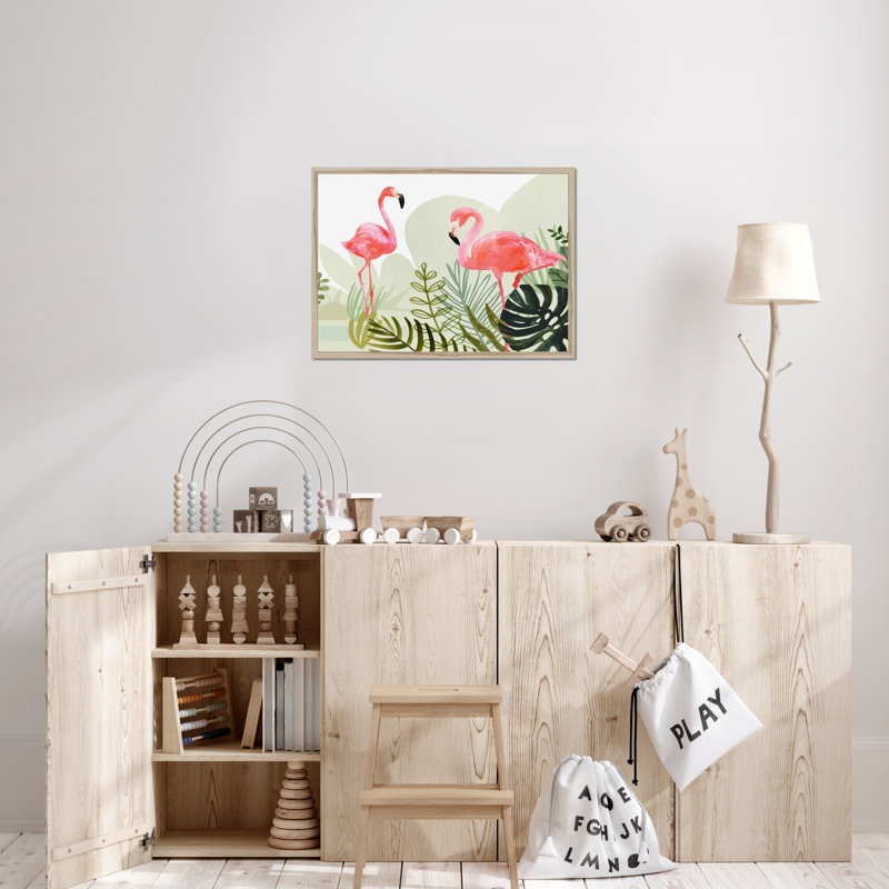 Flamingo Forest Collection A by Victoria Borges - Painting, 55cm H x 80cm W, Natural Wood Framed Paper Print