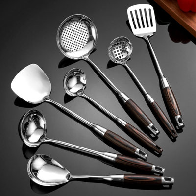 Ensemble d'ustensiles de cuisine 8 pièces en acier inoxydable de qualité professionnelle 8 pièces avec tourneur à fentes, cuillère à spaghetti, louche à soupe et flipper pour la cuisson, la friture et le service