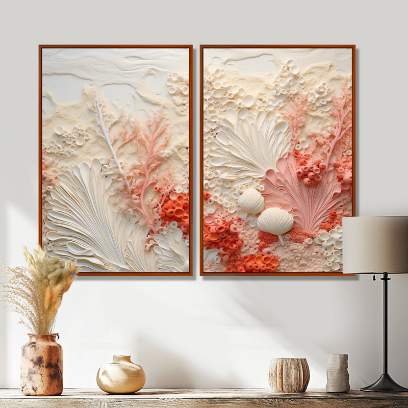Collage corail rose et blanc V - art mural côtier 2 pièces, 36" H x 48" W, Floater Framed Print, Brown