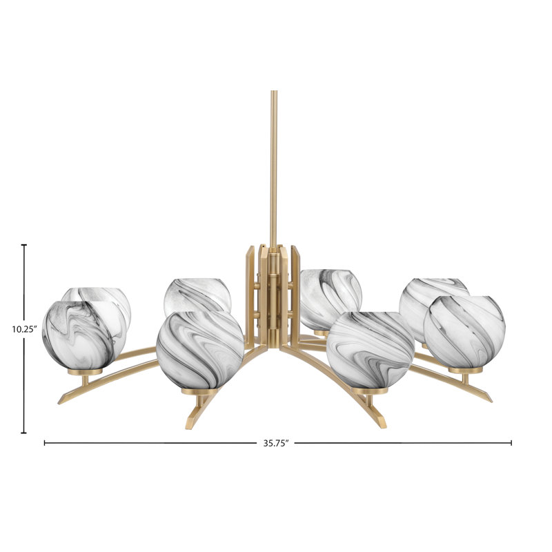Lustre 8 lumières Kurve illustré en finition nouvel âge laiton avec verre de 5,75 po, Noir / blanc