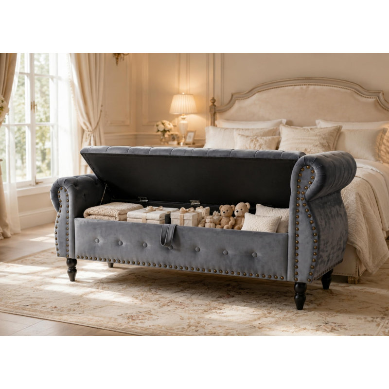 Velvet Upholstered Storage Bench, Grey