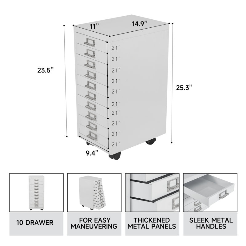 File Cabinet Mini 10 Tier Metal File Organizer Document Organizer With Wheel, For Home Office, Office Desk File, White Color
