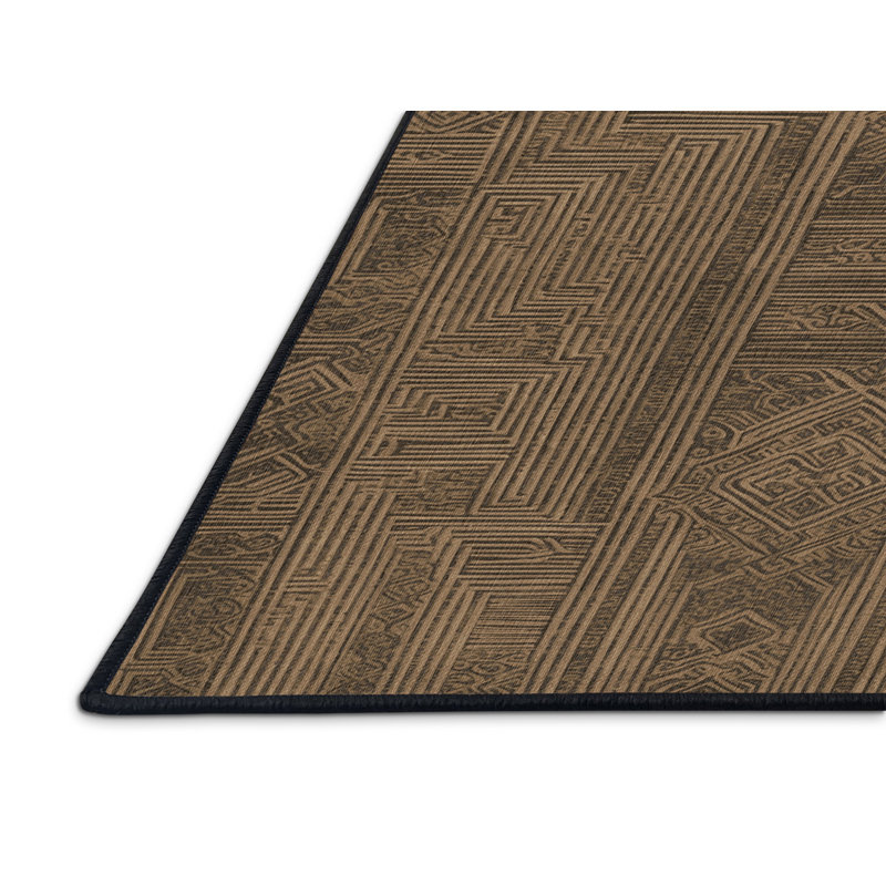 Tapis art déco brun lavable à la machine, Rond 4 pi