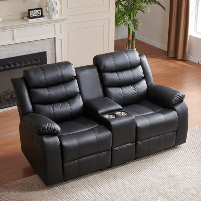 Lacreta Humes Faux Leather Manual Reclining Loveseat, 2-Seater Recliner Sofa with Center Console & Cup Holders, Home Theater Recliner Couch for Living Room