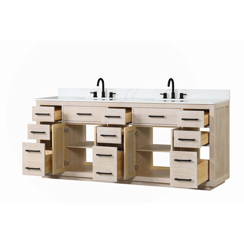 Meuble-lavabo double 84,00 po avec plateau en quartz Stefaun, Brun clair