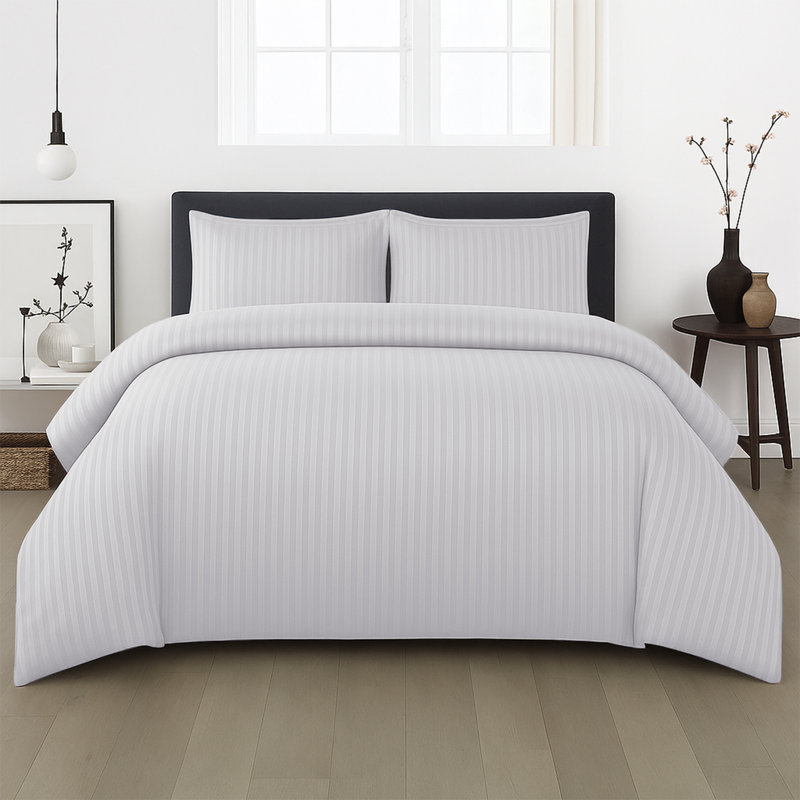 Microfiber Stripe Duvet Complete Set With Striped Pillows & Fitted Sheet, Single Duvet +1 Fitted Sheet +1 Pillowcase, White