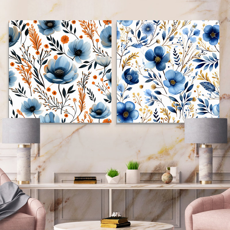Aquarelle fantaisie - Motif floral bleu, H 36 po x l 73 po