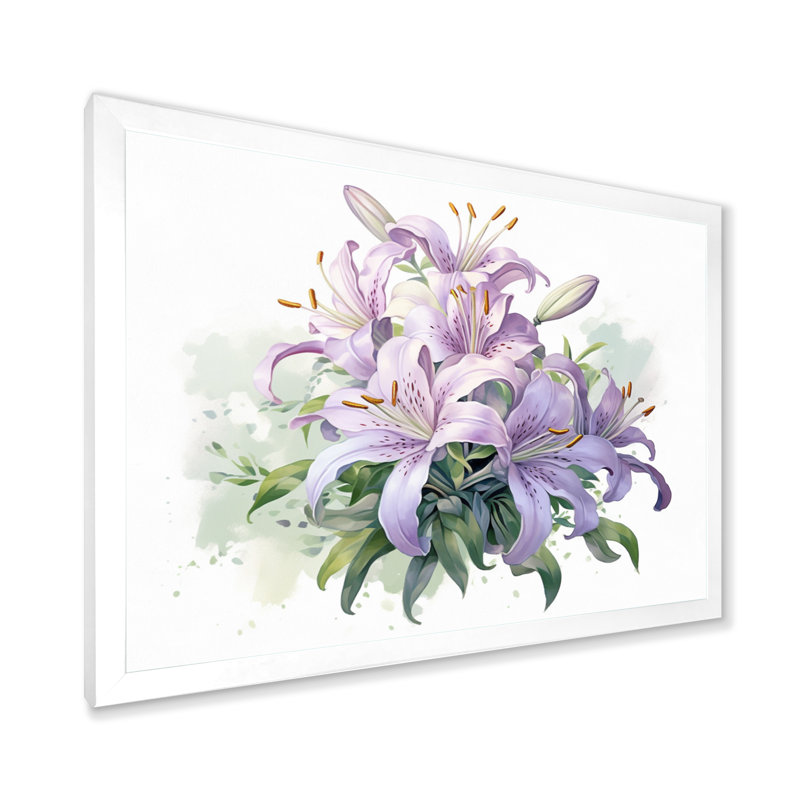 Symphonie de lys mauve et vert I - art mural floral, H 12 po x l 20 po x P 1 po, Cadre simple blanc