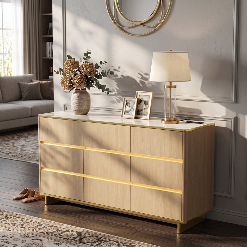 Commode 9 tiroirs avec station de charge, plateau UV en marbre, Wood