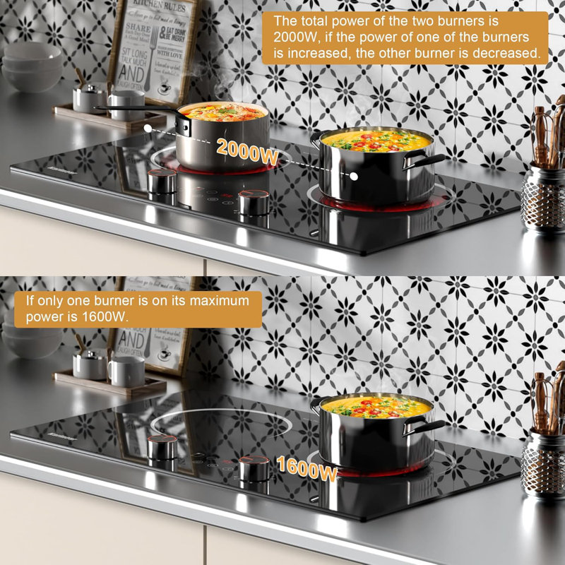Karinear Electric Cooktop 2 Burner, 110V Electric Stove Top, 2000W Knob Control & Sensor Touch Electric Hot Plate for Countertop or Built-in Install, Timer, Safety Lock, 9 Power Level, 24 Inch