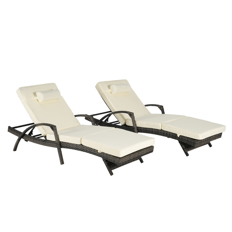 2-Piece Outdoor Wicker Reclining Chaise Lounge Set with Cushions and Curved Armrests, Beige
