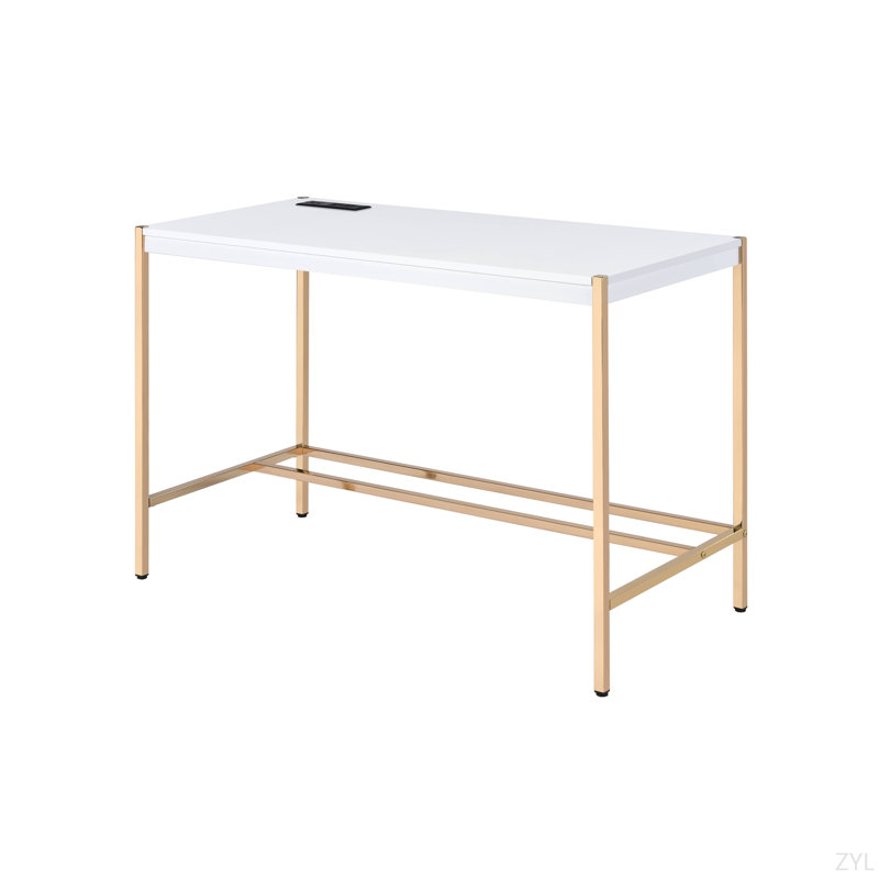 Midriaks Gold Finish Writing Desk W/USB, White/Gold