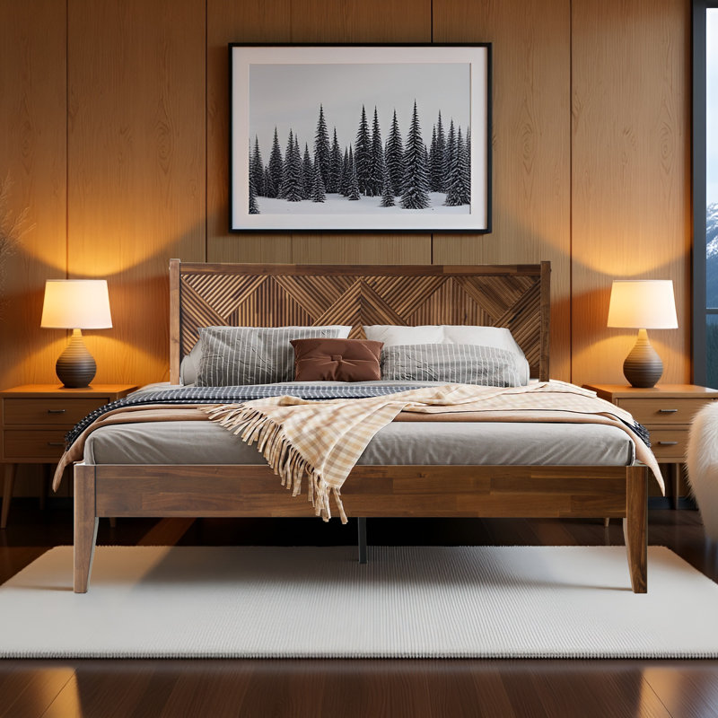 Structure de lit plateforme en bois massif Averin, Noyer chaud, Grand lit
