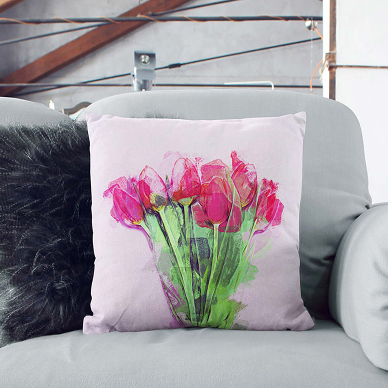 A Bunch Of Pink Tulips In Abstract Floral Square Throw Cushion, 55 x 55 cm, Black
