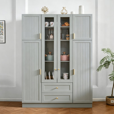 Grand garde-manger moderne avec 6 portes, armoire de rangement l 53,2 po x l 17,7 po avec tiroirs, tablettes réglables, plateaux coulissants et support à vin pour salle à manger, vert