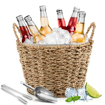 Seau à glace avec panier extérieur en osier, pelle, pince et poignée, bac à boissons, seau galvanisé tressé en corde d'herbe de style ferme (naturel)