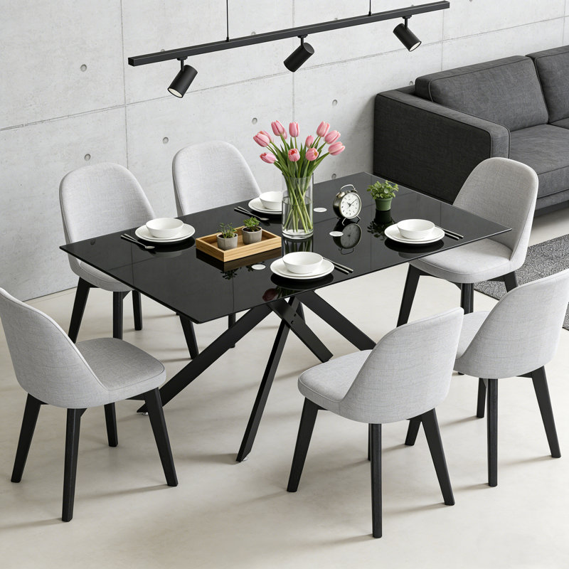 Table de salle à manger de 51,18 po rectangulaire en verre trempé transparent, design élégant avec pieds en métal noir, table de salle à manger pour la salle à manger