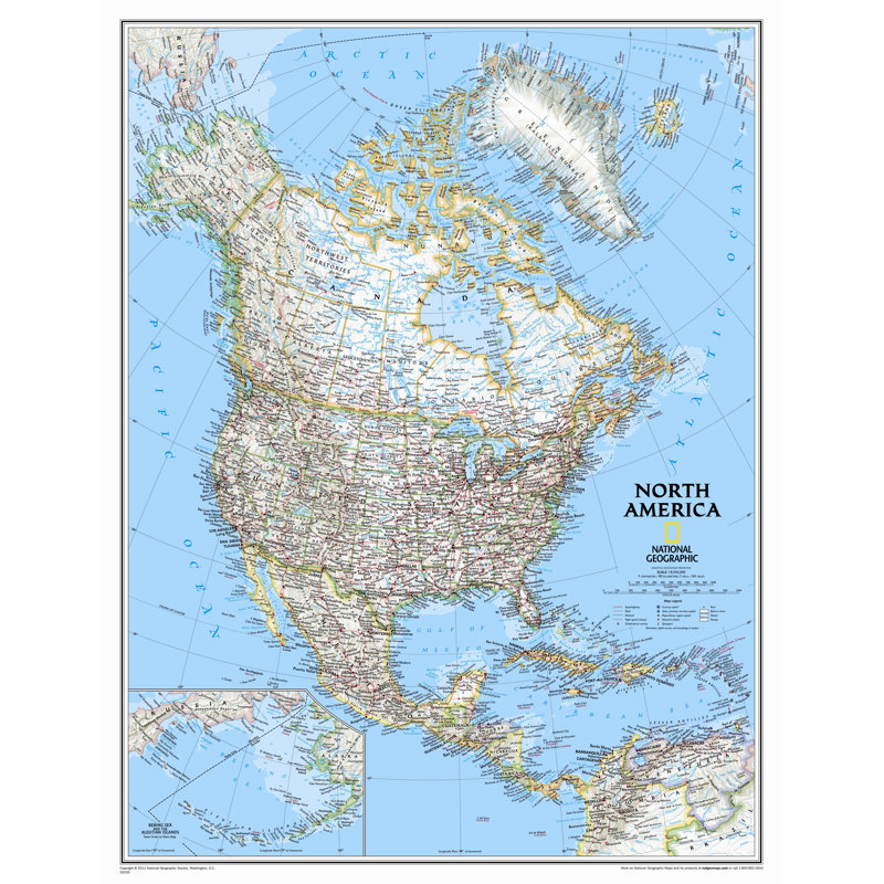 Carte murale classique de l'Amérique du Nord, Bleu traditionnel, Agrandie et stratifiée (H 46 po x l 36 po)