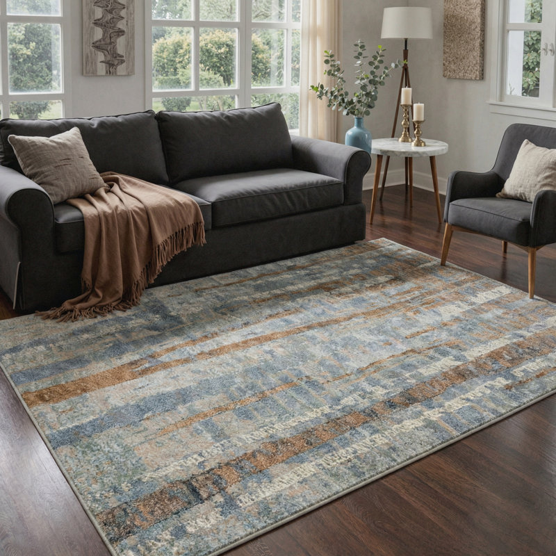 Aura Modern Abstract Machine Washable Blue / Brown / Beige Indoor Area Rug with Non-Slip Backing, Rectangle 9' x 12'
