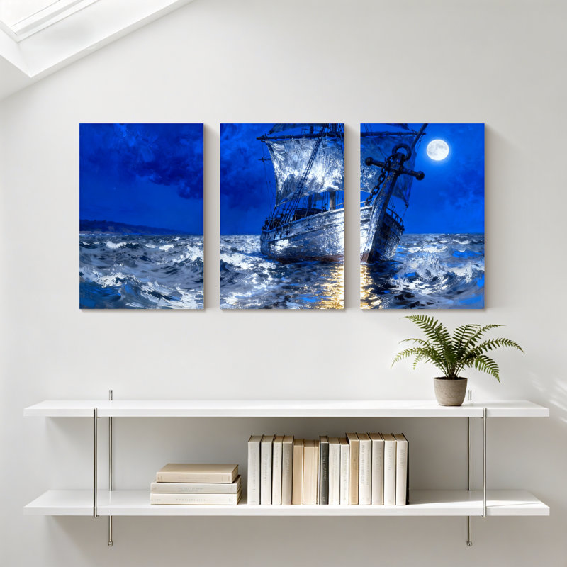 Nautique au clair de lune sur une mer orageuse, ensemble de 3 impressions sur toile, H 18 po x l 36 po
