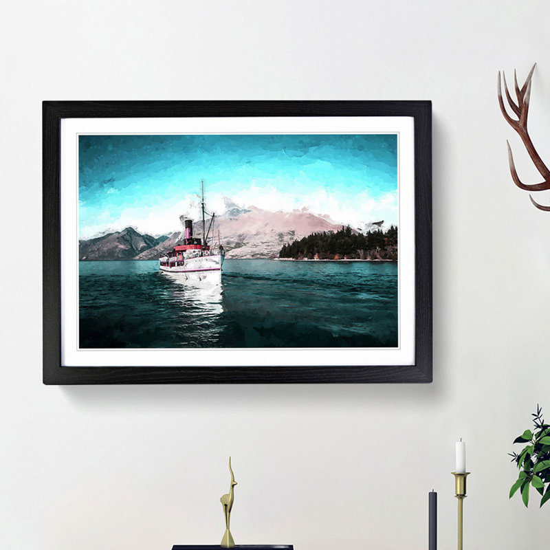 Boat on the Lake in New Zealand in Abstract - Picture Frame Painting Print, Black Framed, 27cm H x 36cm W x 2cm D