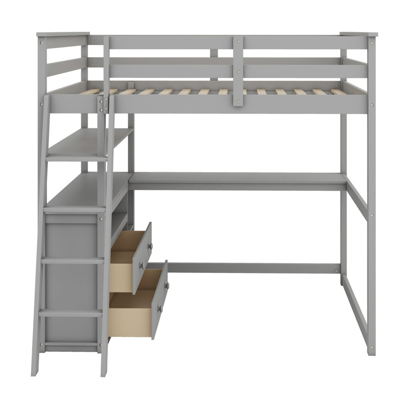 Lit mezzanine avec bureau et tablettes, deux tiroirs intégrés