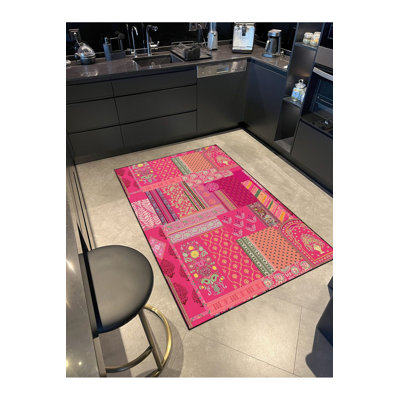 Tapis décoratif lavable à la machine à motif floral rose