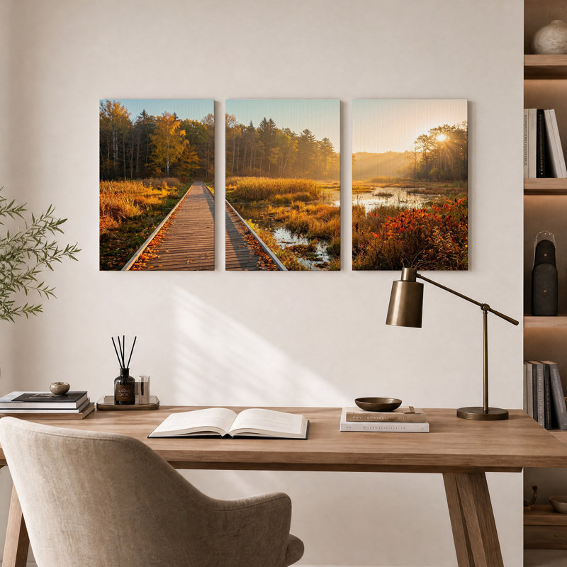 Ensemble de 3 toiles murales « Promenade ensoleillée à travers une forêt d'automne », 36"H x 24"W x 3pcs