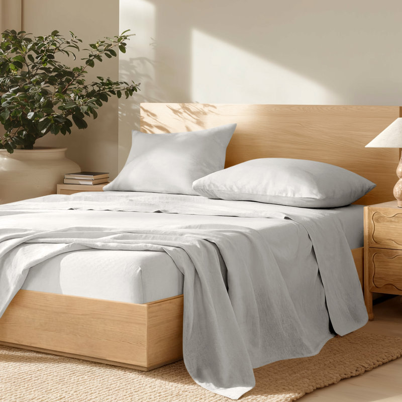 100% Linen Sheet Set, Twin Extra Long Sheet Set with 1 Pillowcase, Glacier Gray