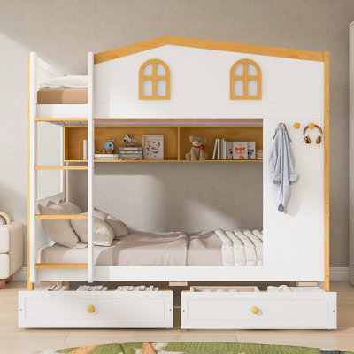 Lit superposé simple au-dessus de simple avec garde-corps, tablettes de rangement et tiroirs en forme de maison - Conception compacte, blanche et naturelle, peu encombrante