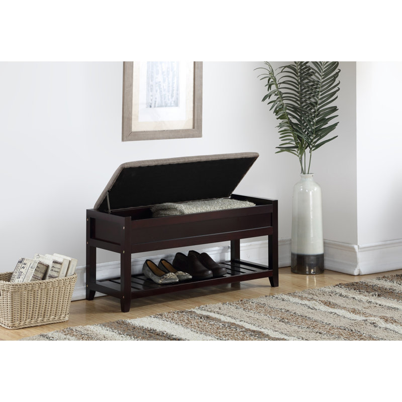 Seating Bench With Shoe Storage In - Gray Fabric Upholstered Seat, Hidden Storage, Slatted Shelf, Wood Made, Gray, Brown